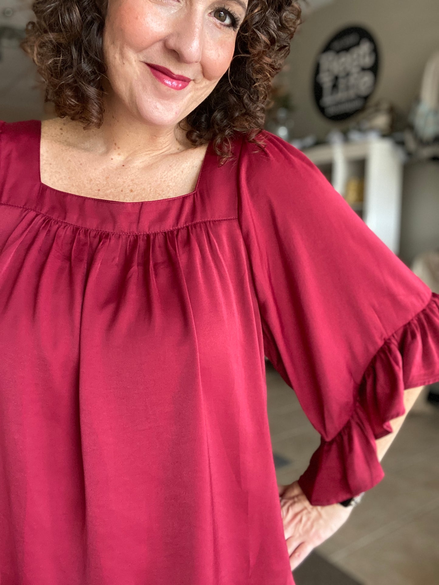 Satin Square Neck Top with Ruffled Sleeve