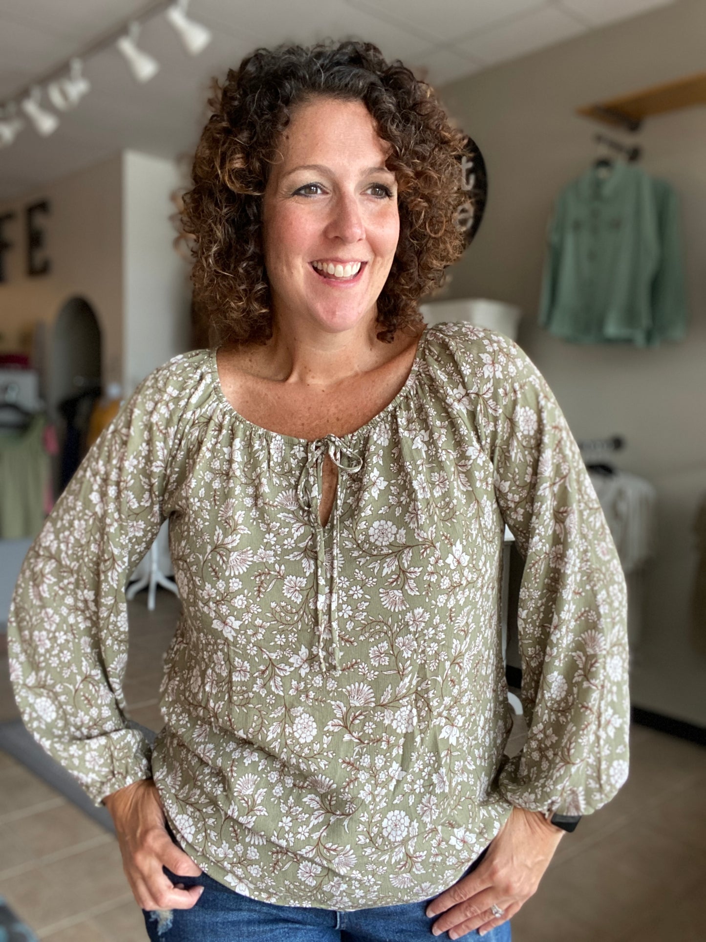 Floral Peasant Blouse - OLIVE