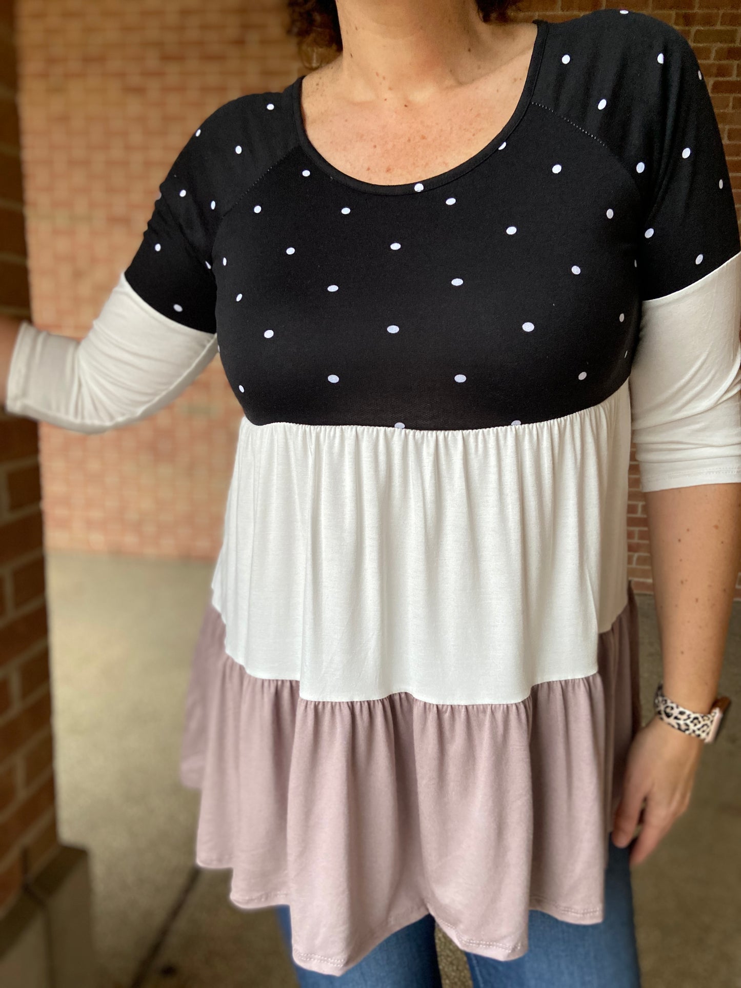 Polka Dot Tiered Baby Doll Top - MOCHA