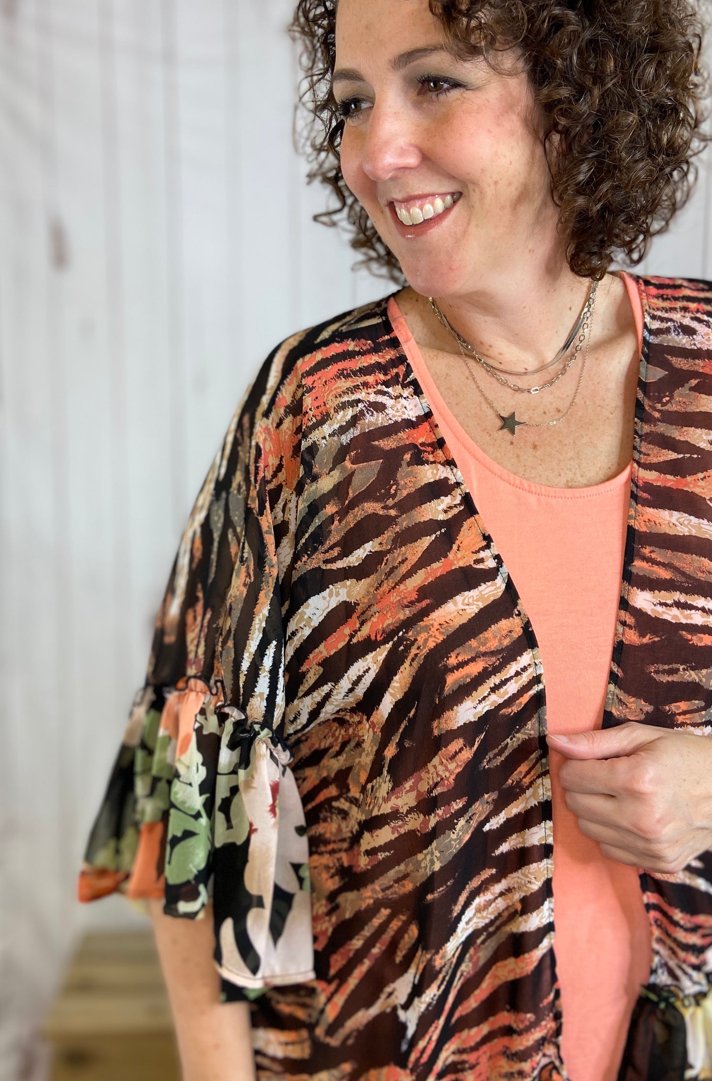 Zebra Chiffon Kimono with Floral Trim