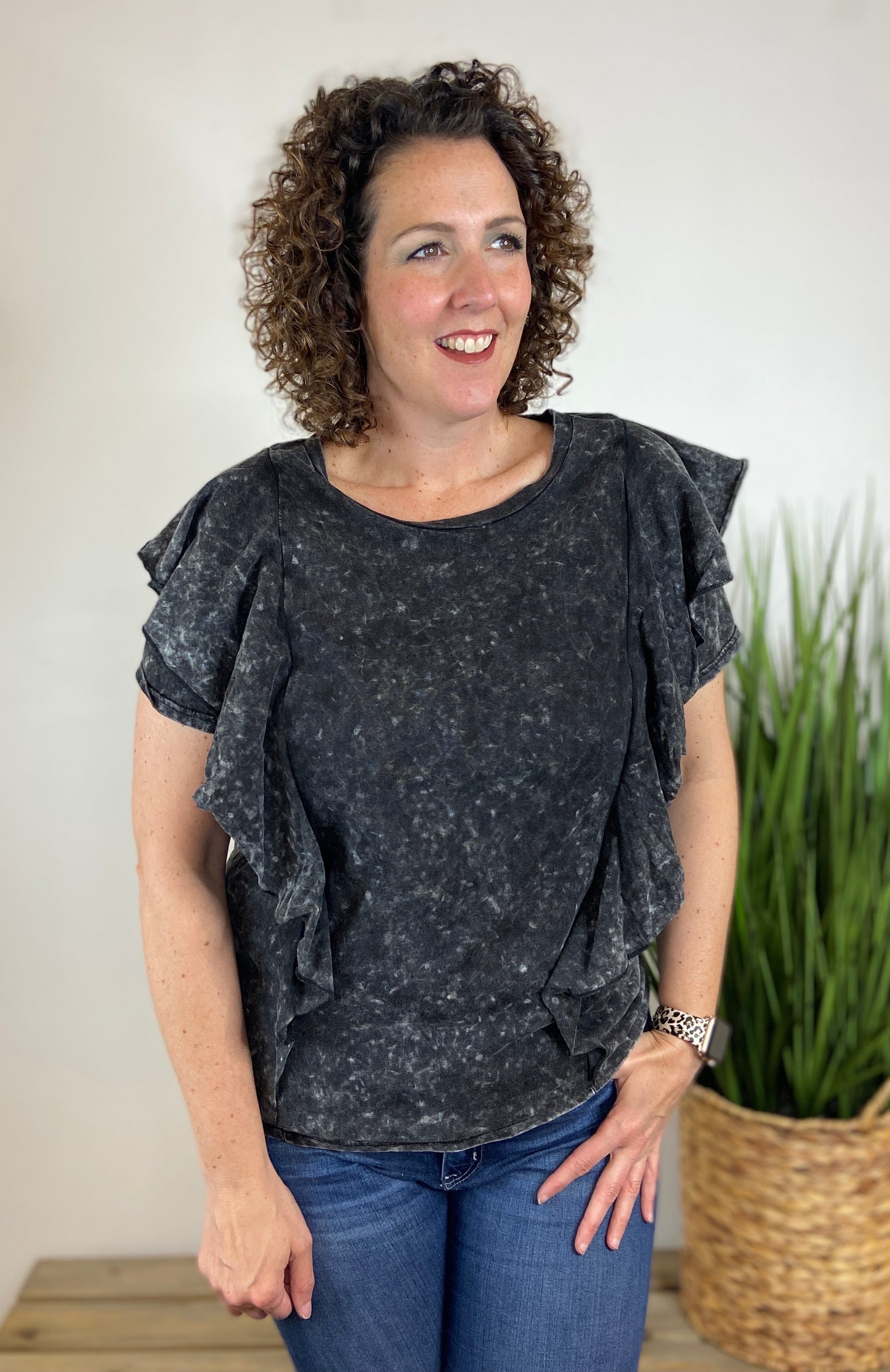 Acid Wash Ruffled Top - VINTAGE BLACK