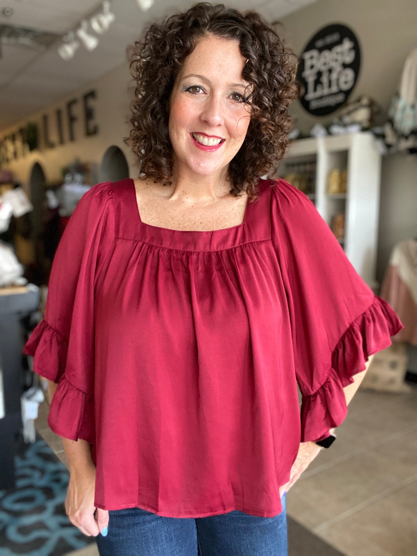 Satin Square Neck Top with Ruffled Sleeve