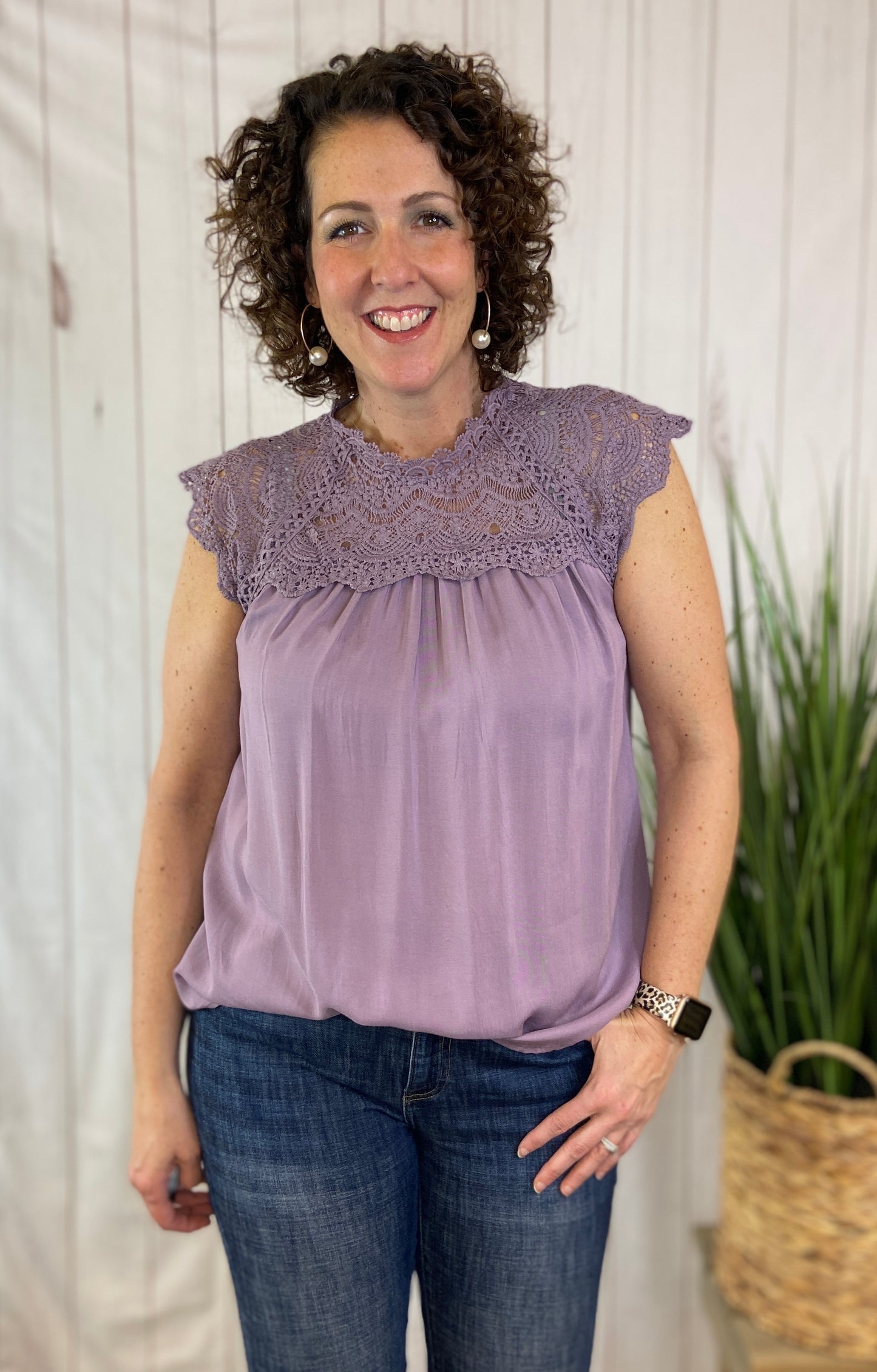 Crocheted Lace Yoke Sleeveless Top