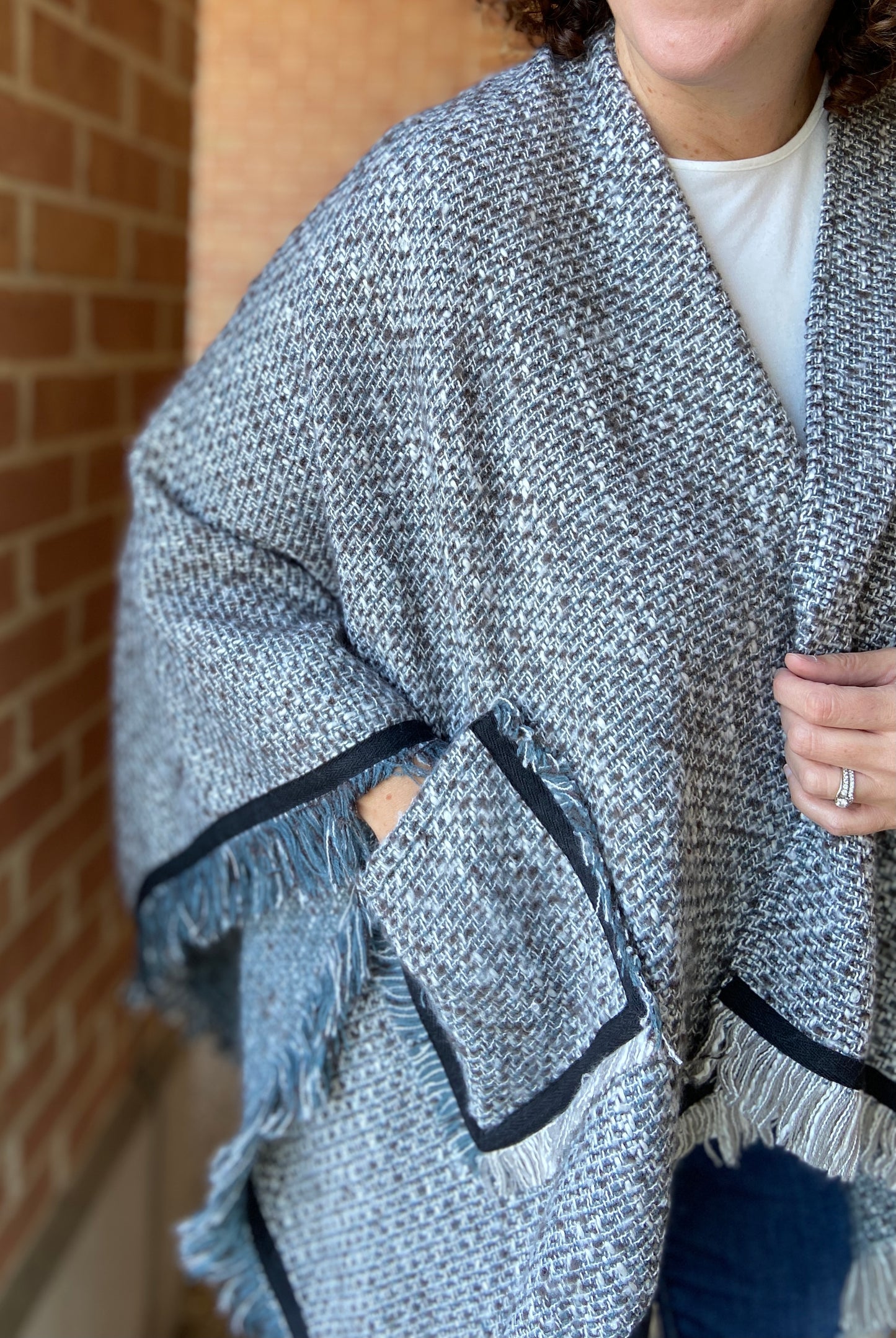 Tweed Fringe Pocket Wrap - BLUE