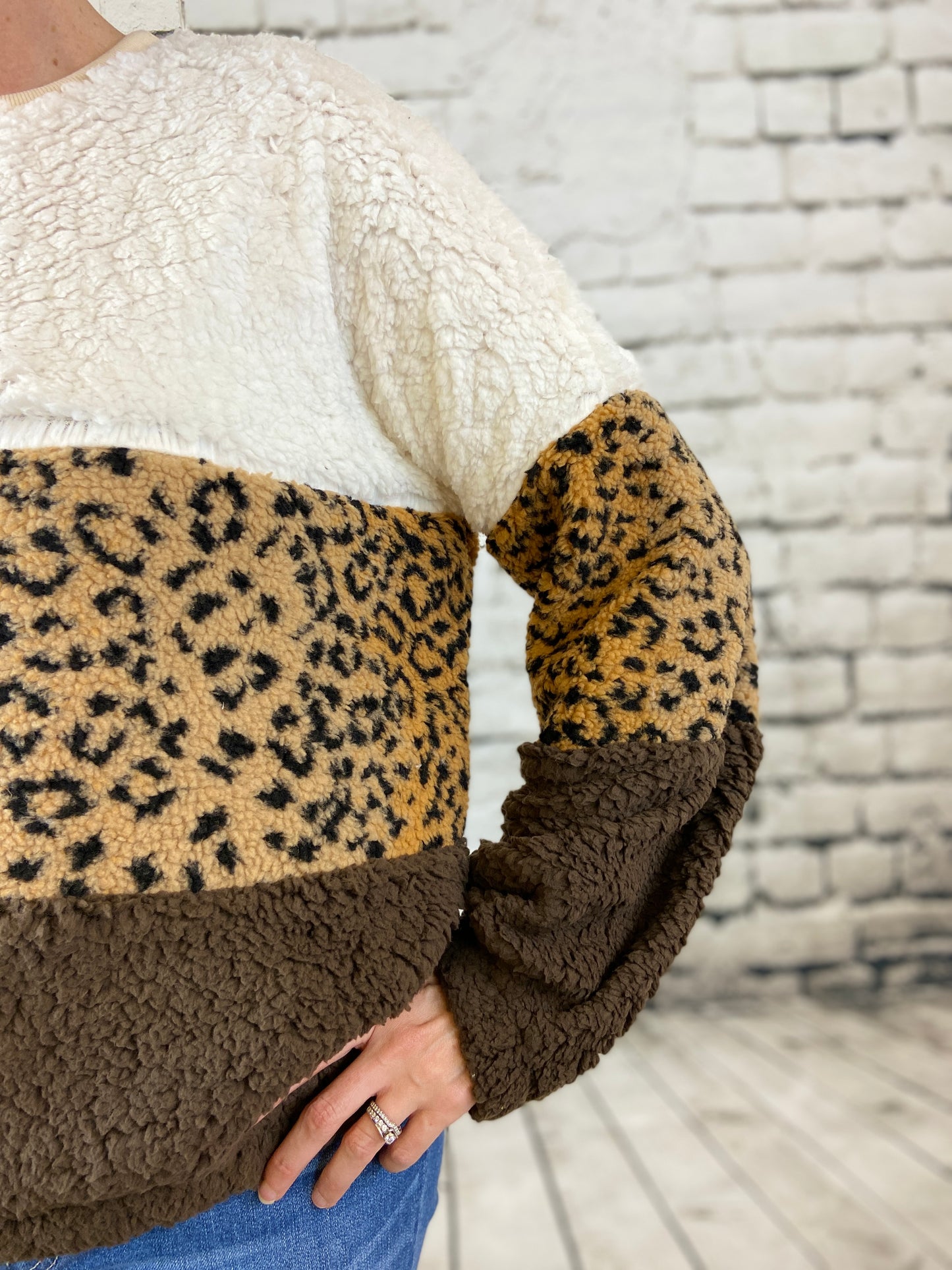 Colorblock Leopard Sherpa Pullover