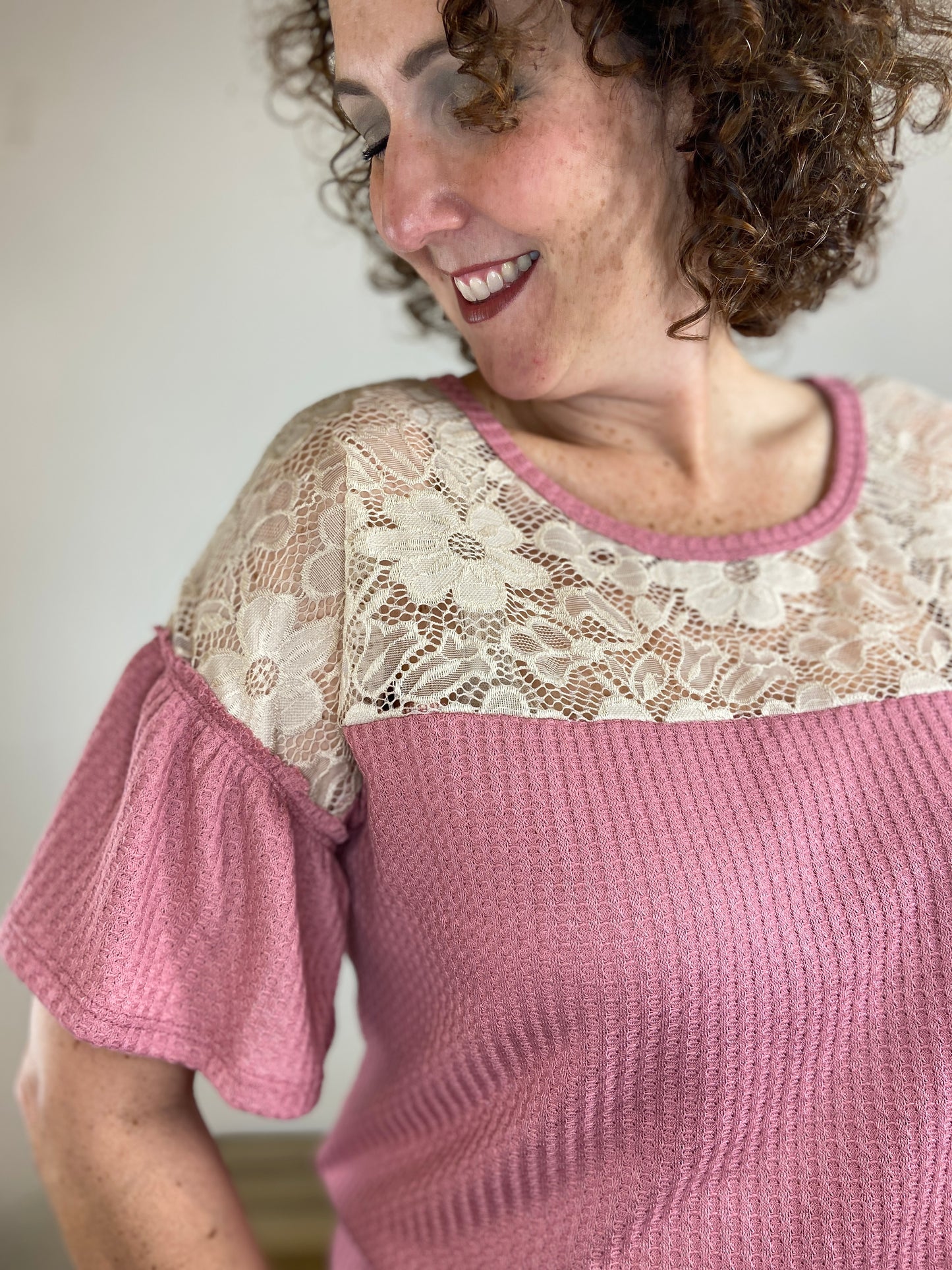 Waffle Knit Top with Lace Yoke - ROSE