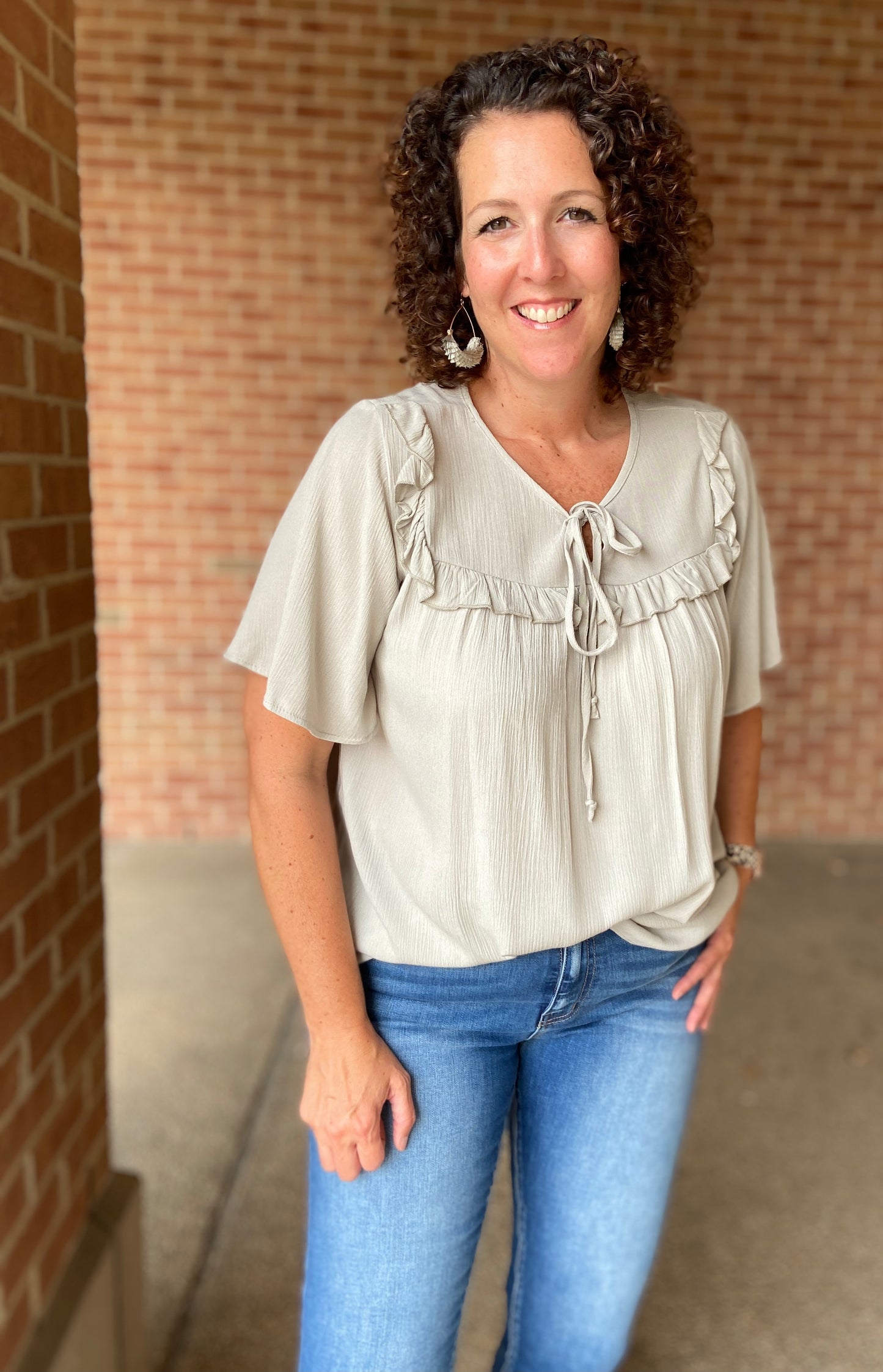 Ruffled Yoke Tie Neck Open Blouse