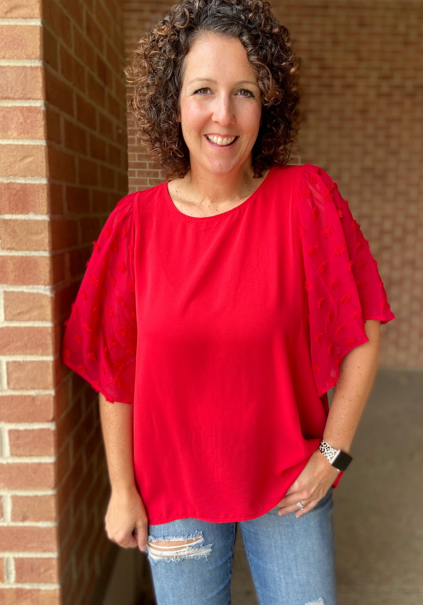 Hi Lo Blouse with Pom Pom Sleeves - RED