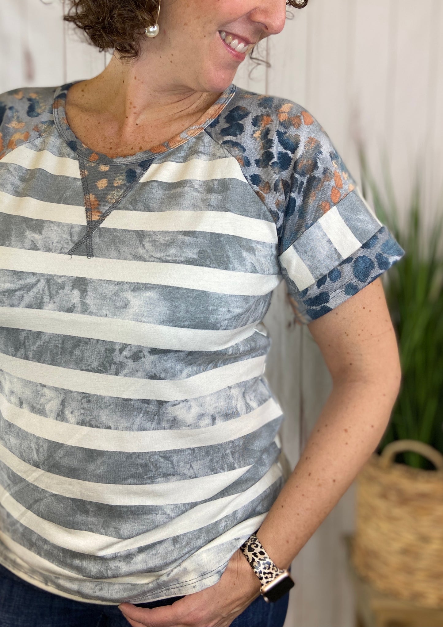 Striped Top with Ombre Leopard Sleeves