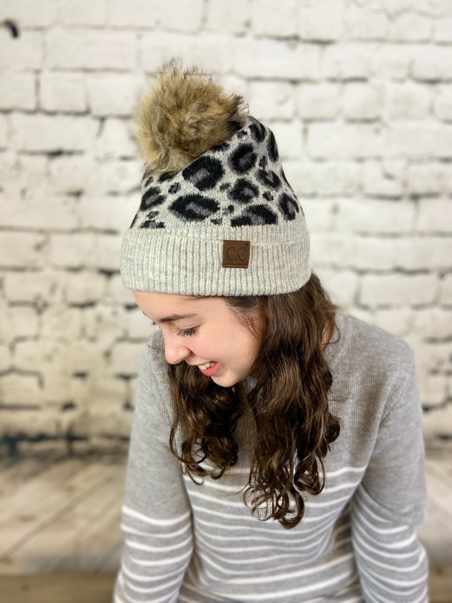 CC Leopard Hat with Faux Fur Pom