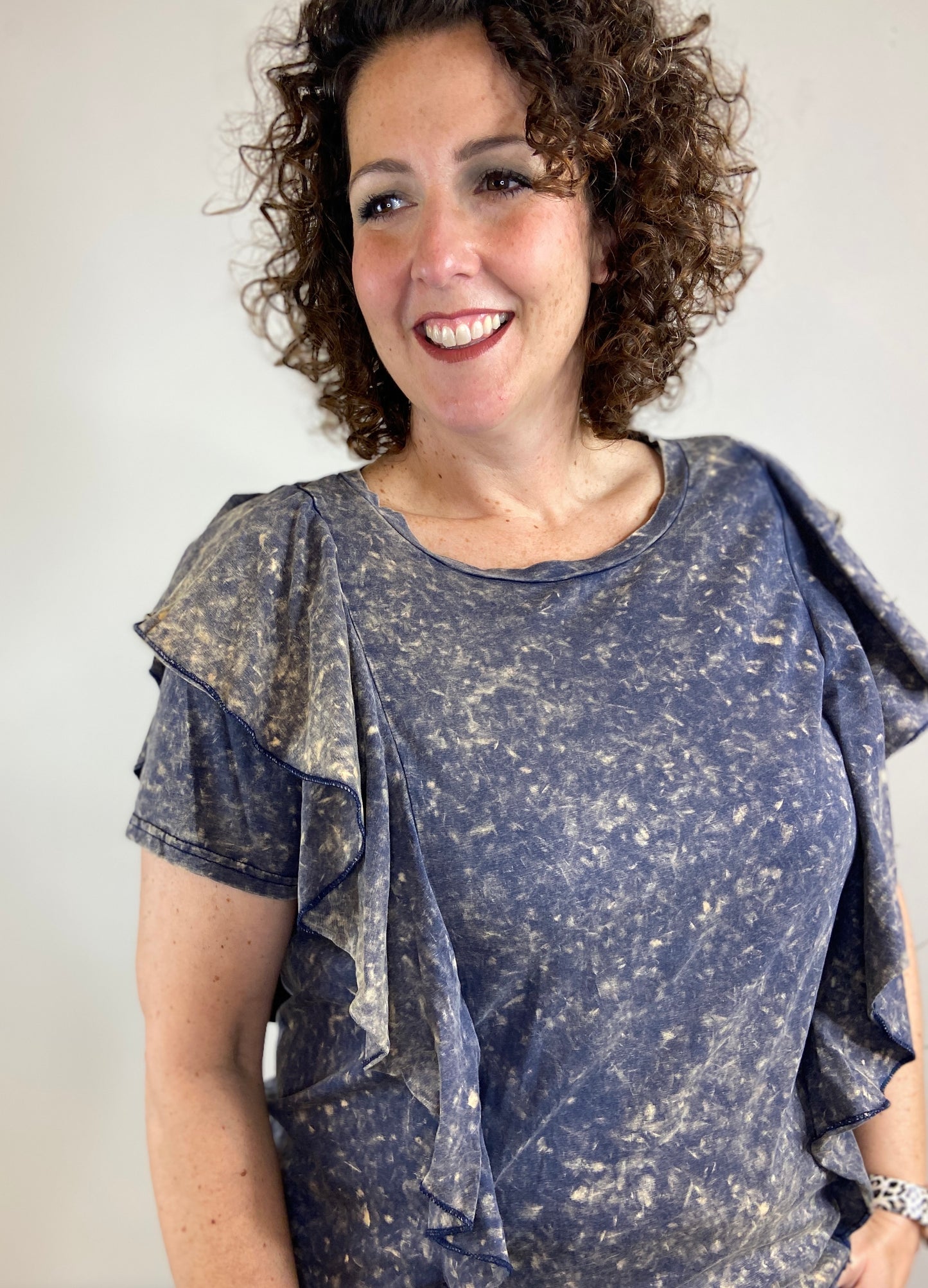 Acid Wash Ruffled Top - VINTAGE NAVY