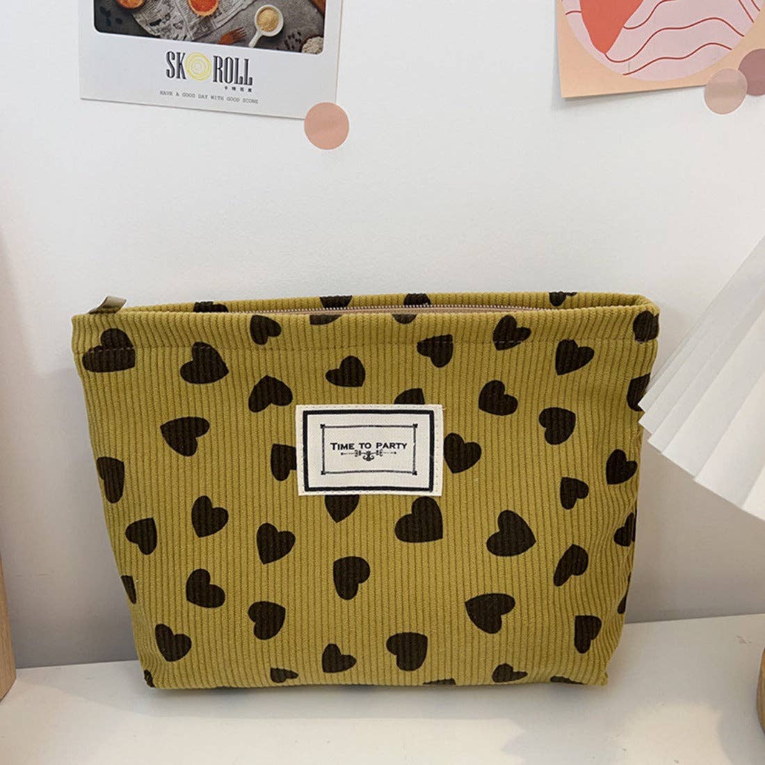 Cosbai - Corduroy Heart Pattern Toiletry Bag: KHAKI
