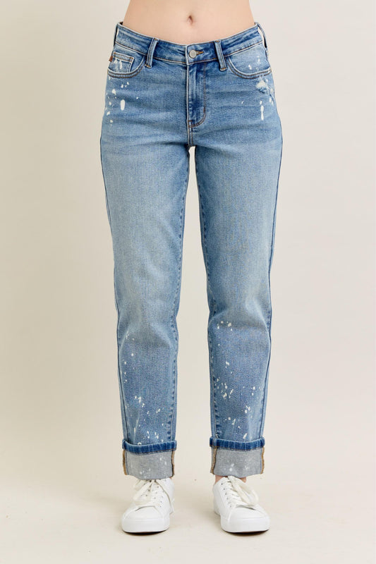 JUDY BLUE Bleach Splatter Single Cuff Boyfriend Jeans
