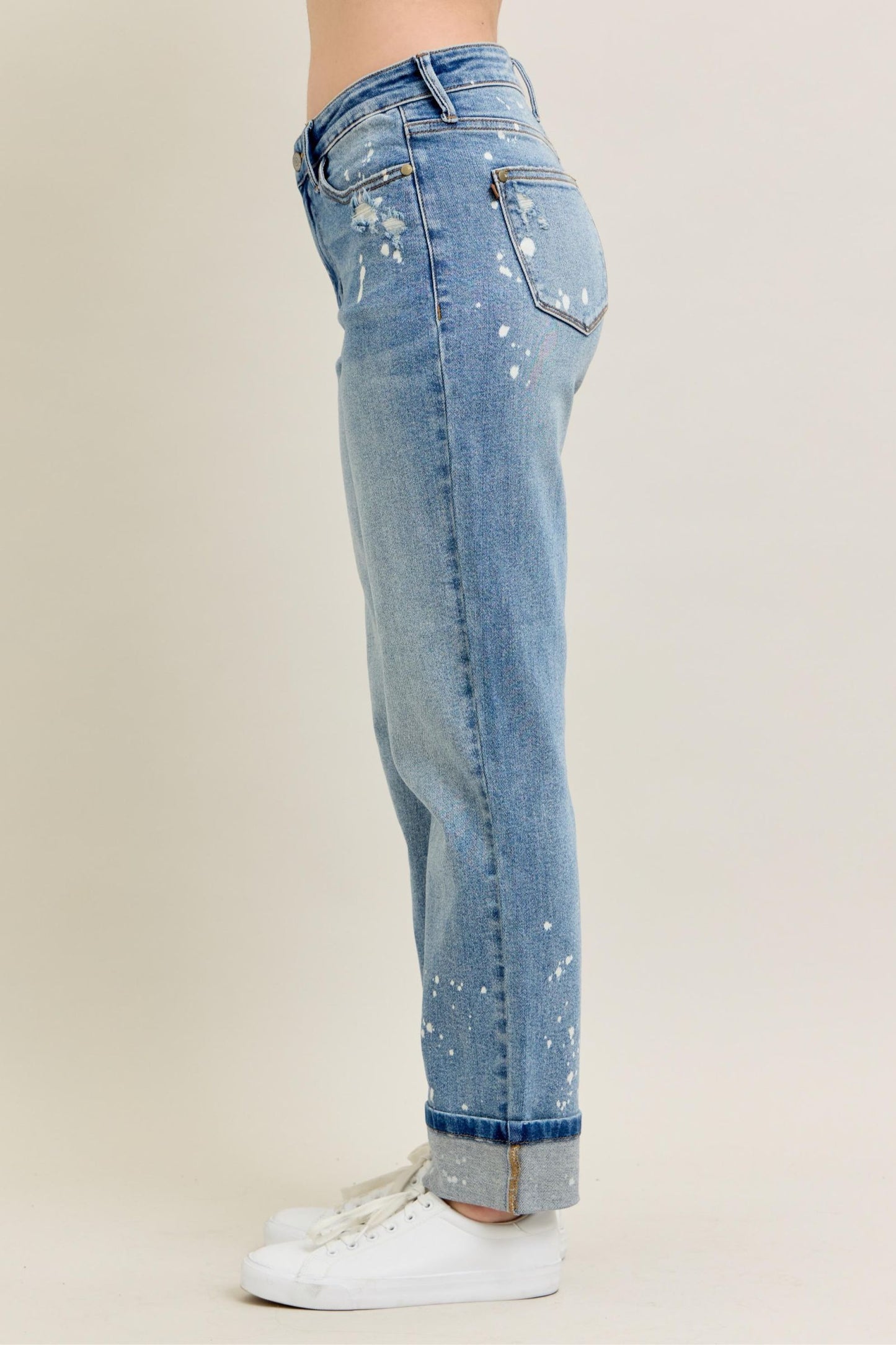 JUDY BLUE Bleach Splatter Single Cuff Boyfriend Jeans