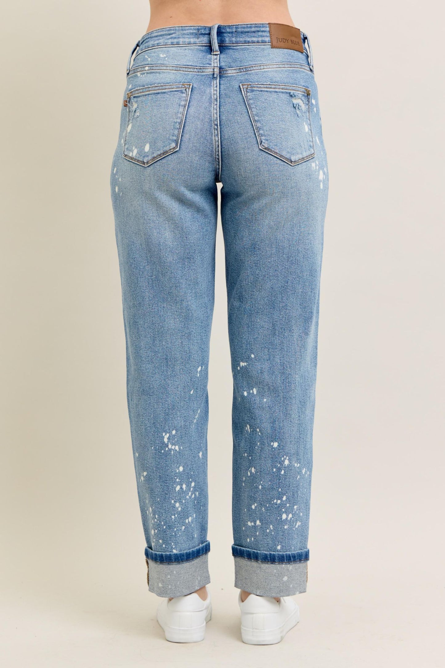 JUDY BLUE Bleach Splatter Single Cuff Boyfriend Jeans