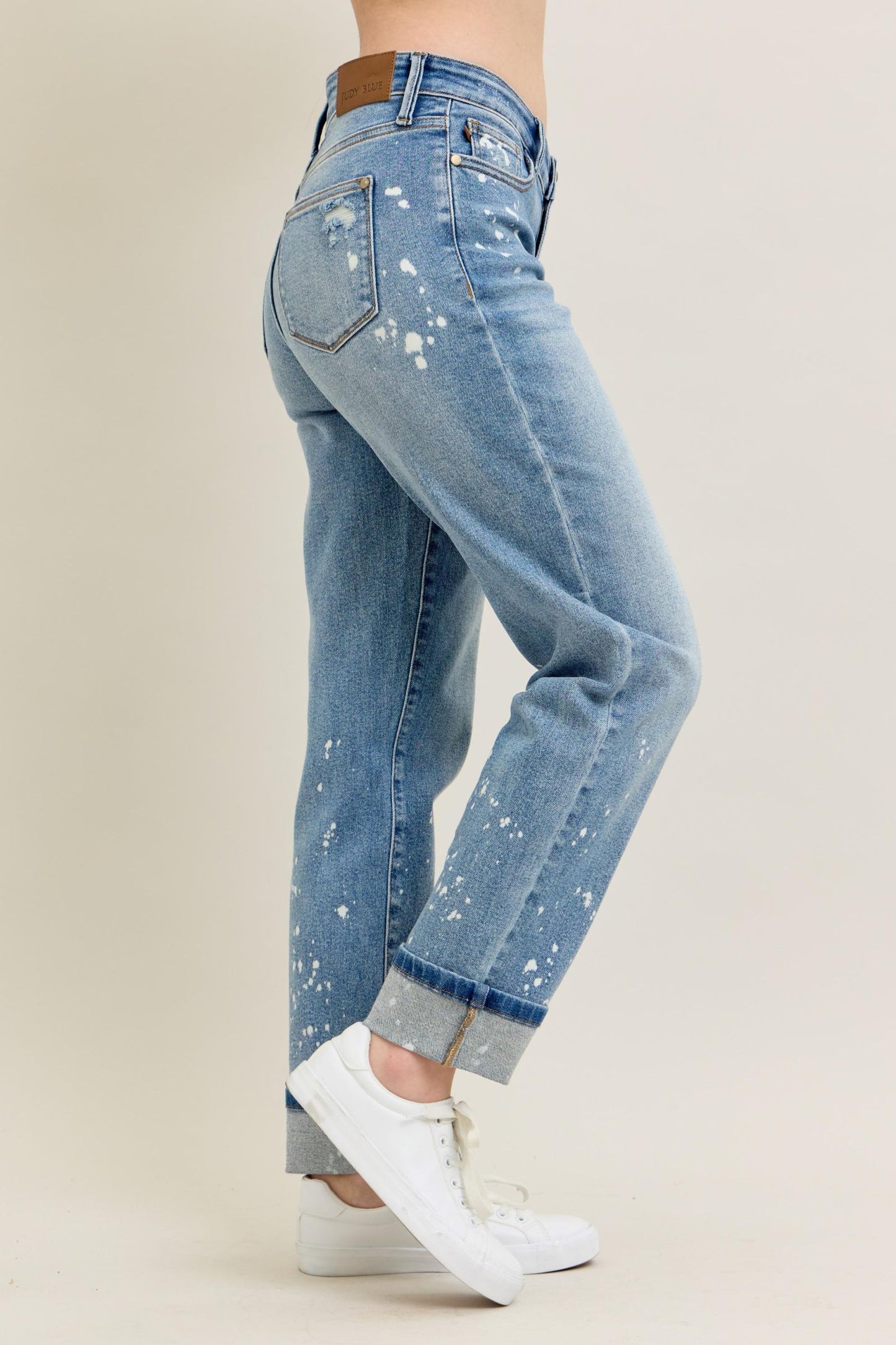 JUDY BLUE Bleach Splatter Single Cuff Boyfriend Jeans