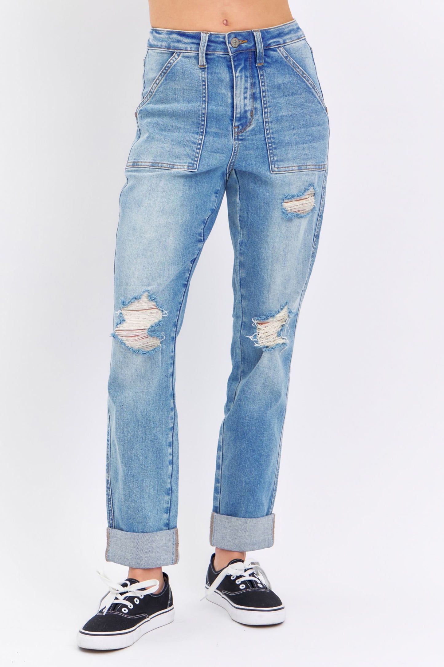 JUDY BLUE Patch Pocket Distressed Boyfriend Jeans