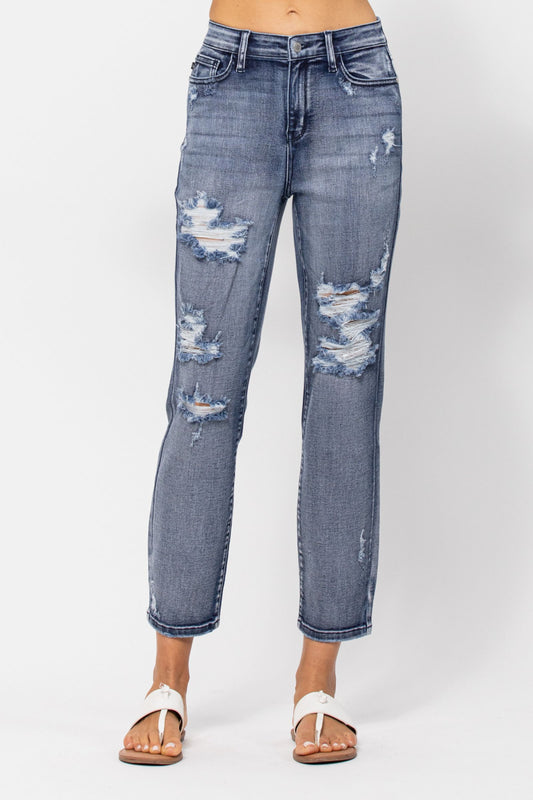 JUDY BLUE Vintage Wash Distressed Boyfriend Jeans