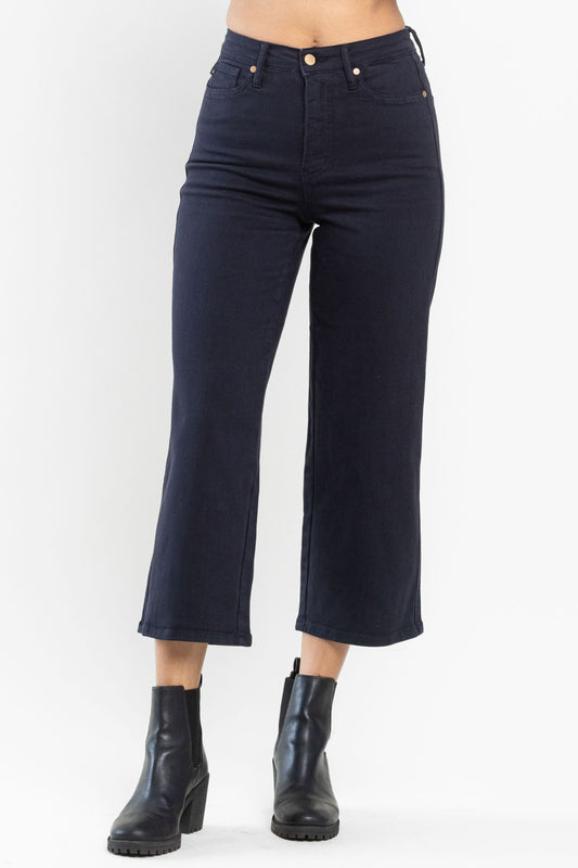 JUDY BLUE Tummy Control Navy Wide Leg Crop Jeans