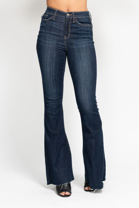 JUDY BLUE Dark Wash Raw Hem Flare Jeans