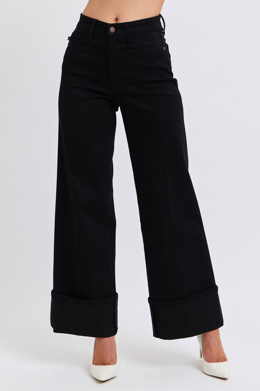 JUDY BLUE Black Retro Wide Leg Jeans with Chunky Cuff