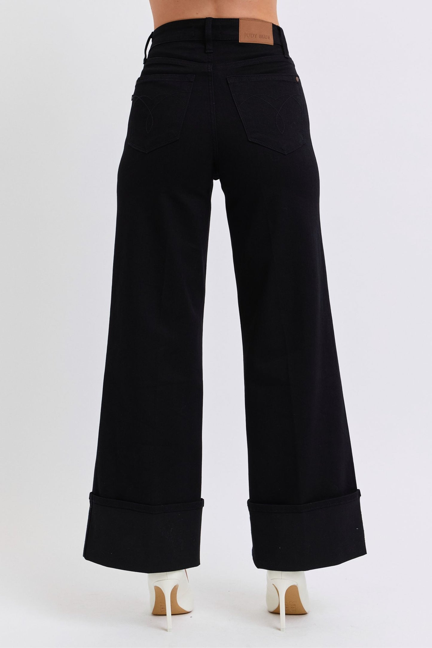 JUDY BLUE Black Retro Wide Leg Jeans with Chunky Cuff