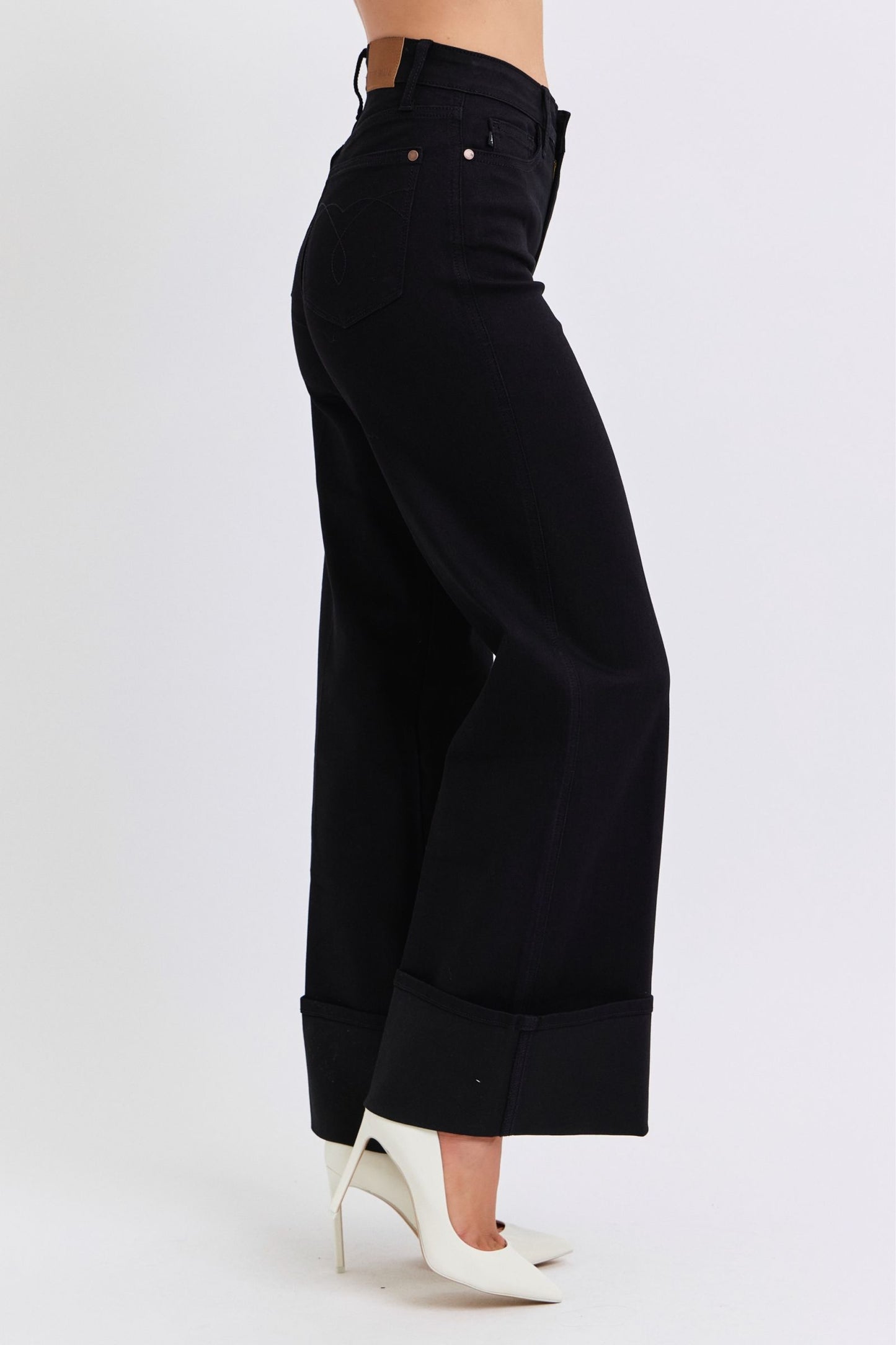 JUDY BLUE Black Retro Wide Leg Jeans with Chunky Cuff