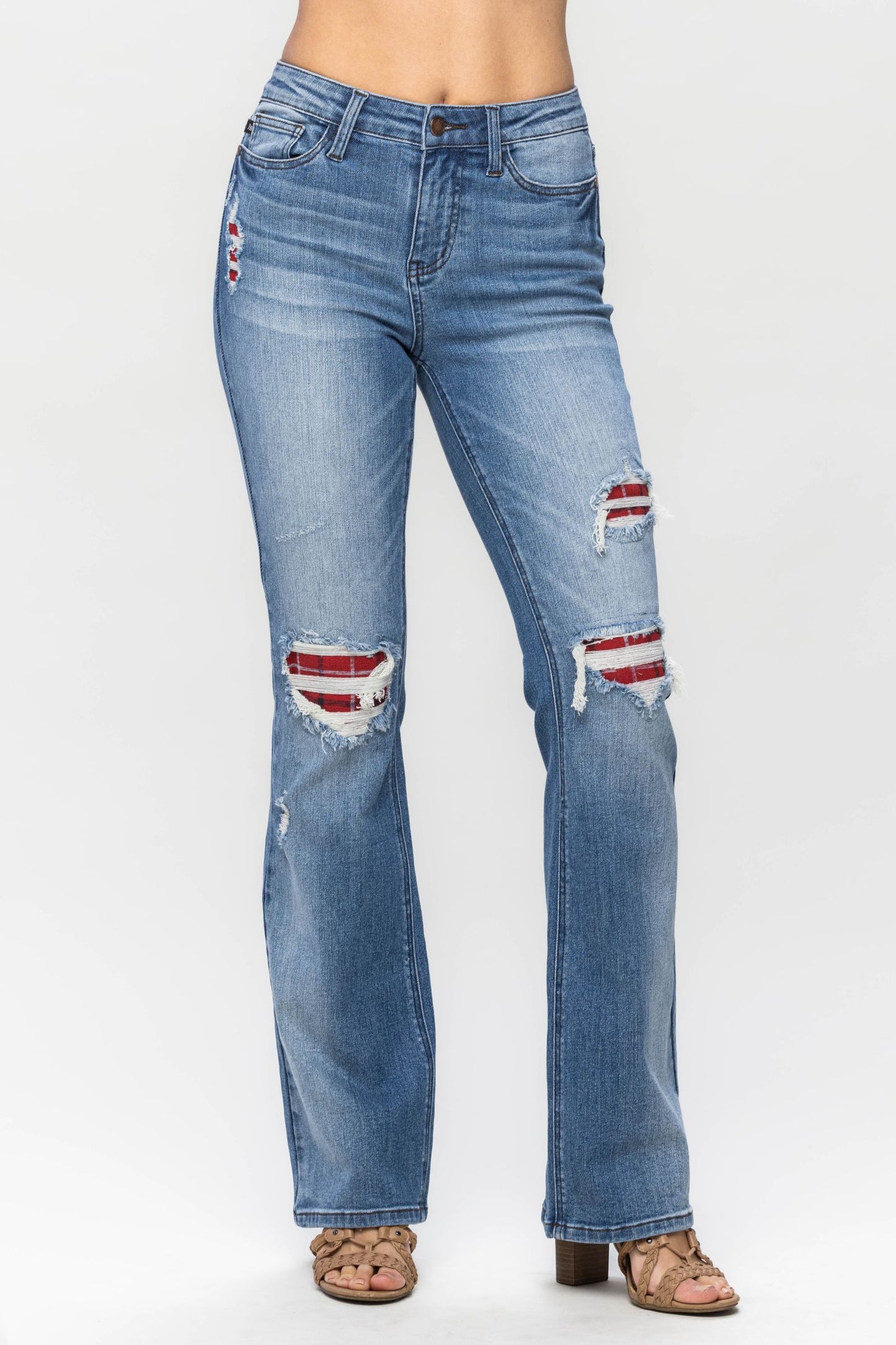 JUDY BLUE Mid Rise Plaid Patch Bootcut Jeans