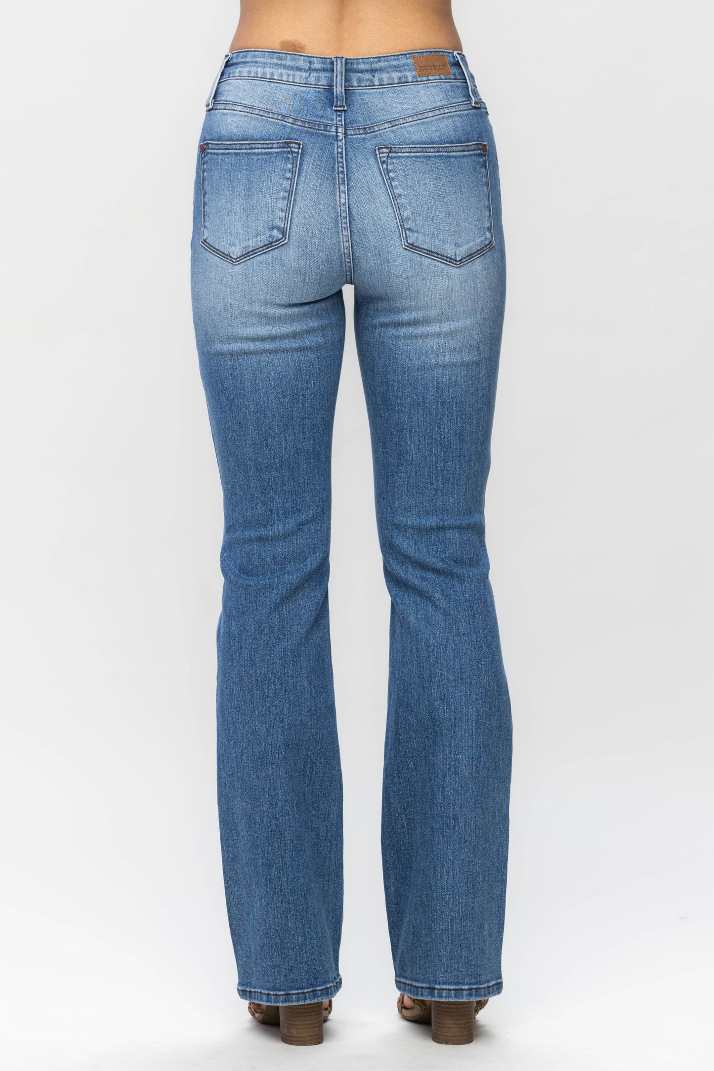 JUDY BLUE Mid Rise Plaid Patch Bootcut Jeans