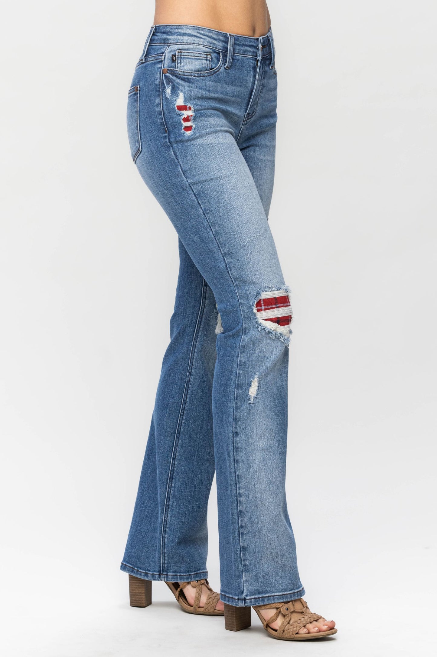 JUDY BLUE Mid Rise Plaid Patch Bootcut Jeans