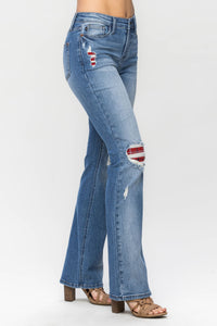 JUDY BLUE Mid Rise Plaid Patch Bootcut Jeans