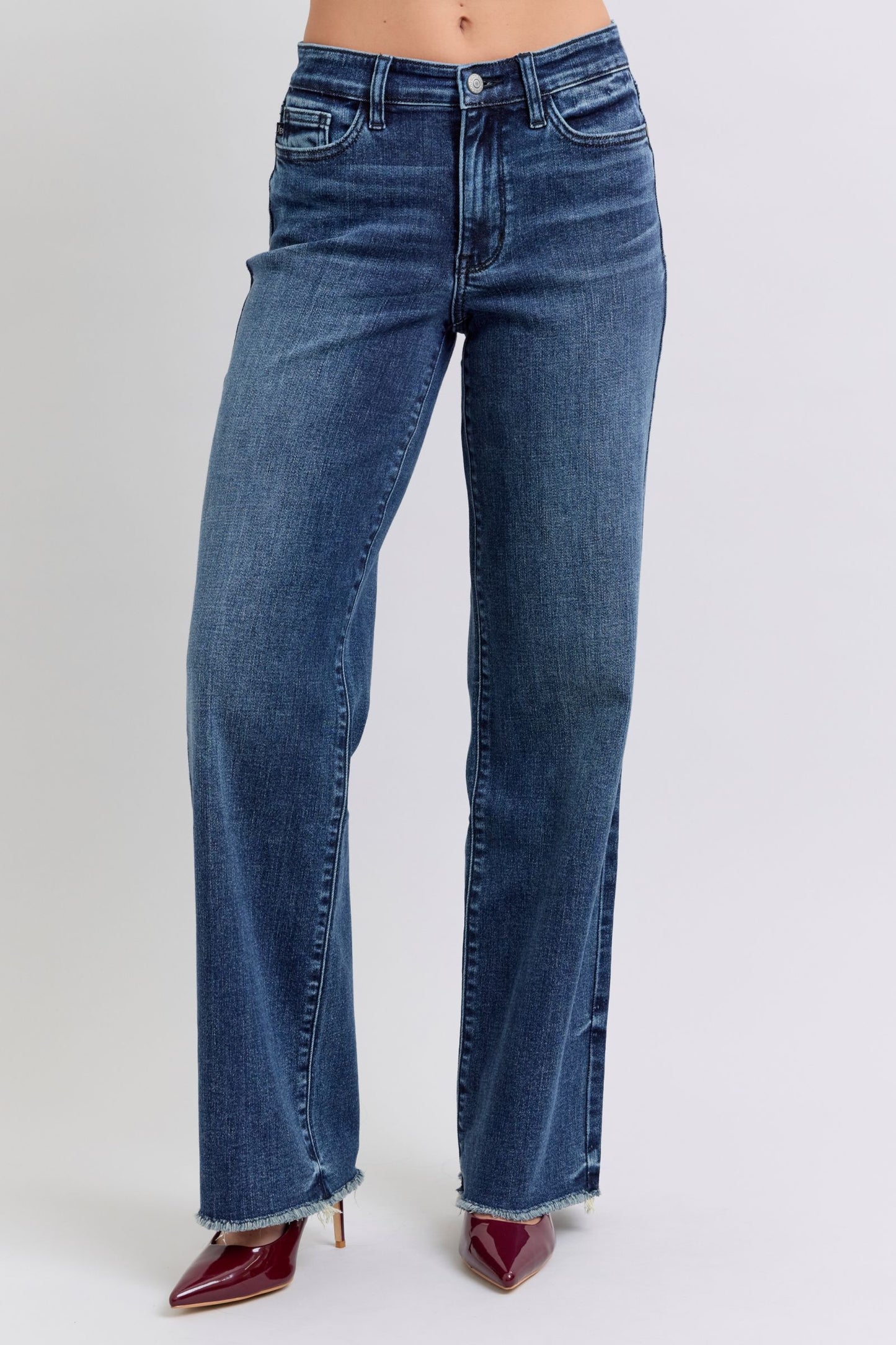 JUDY BLUE Mid Rise Frayed Edge Wide Leg Jeans