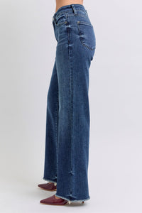 JUDY BLUE Mid Rise Frayed Edge Wide Leg Jeans