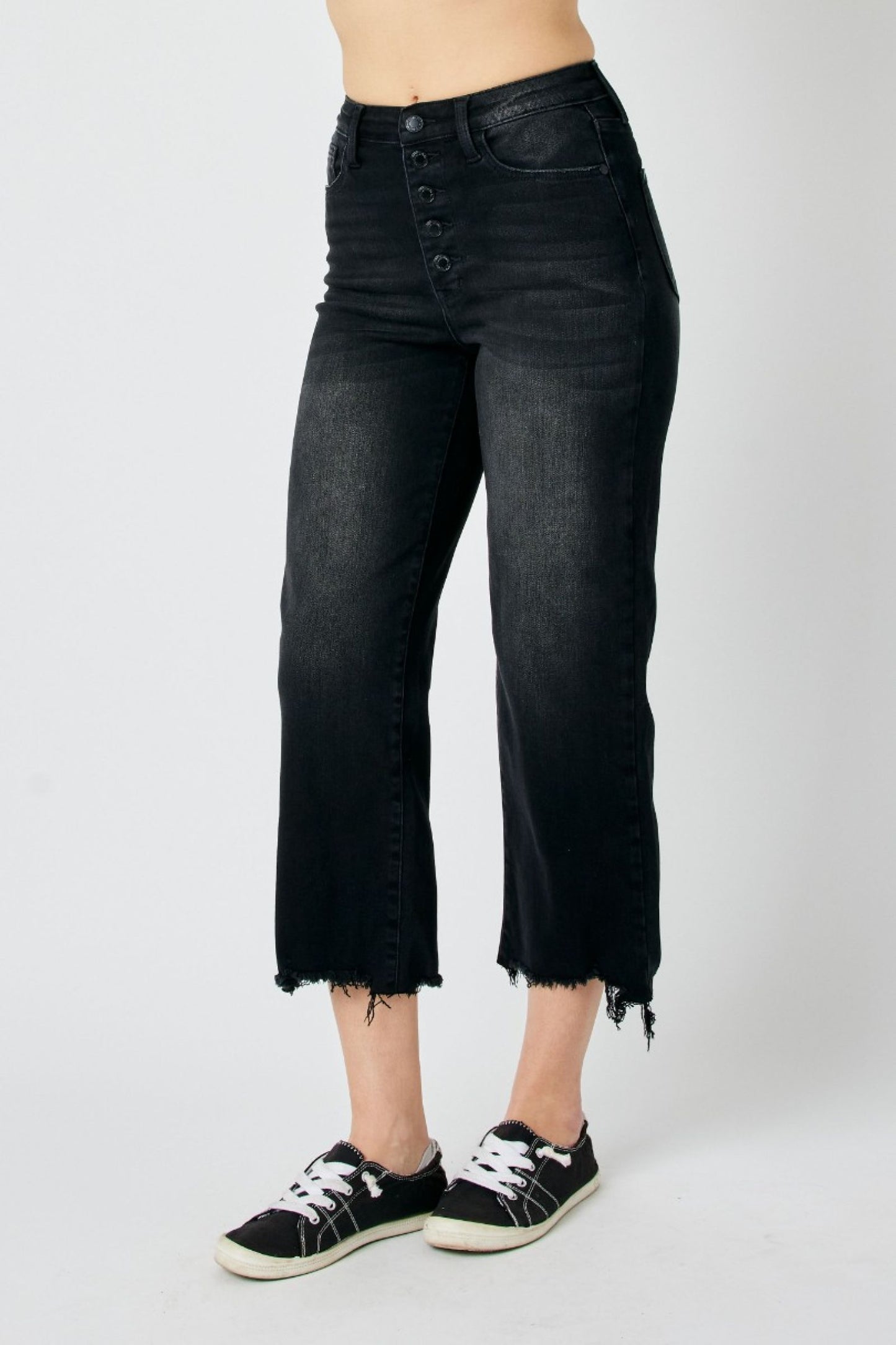 JUDY BLUE Washed Black Button Fly Cropped Jeans