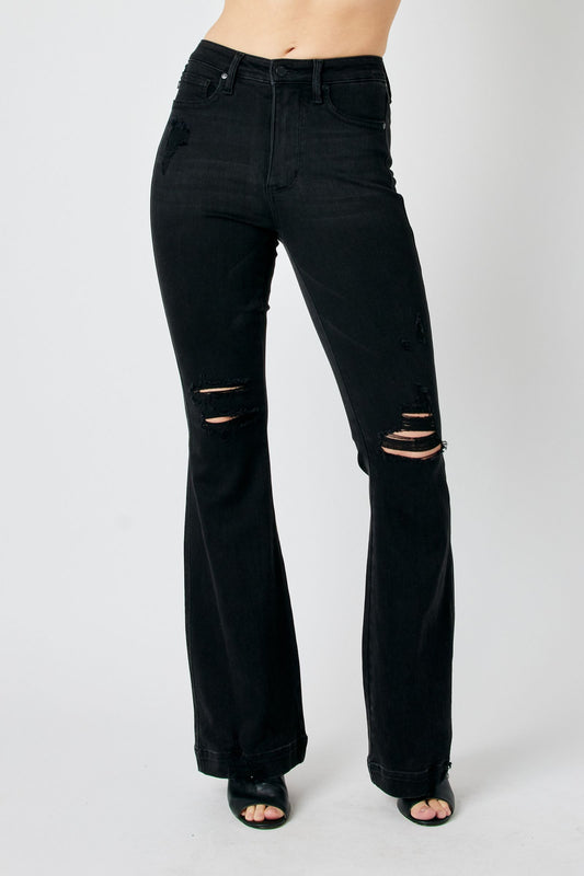 JUDY BLUE Tummy Control Black Distressed Flare Jeans