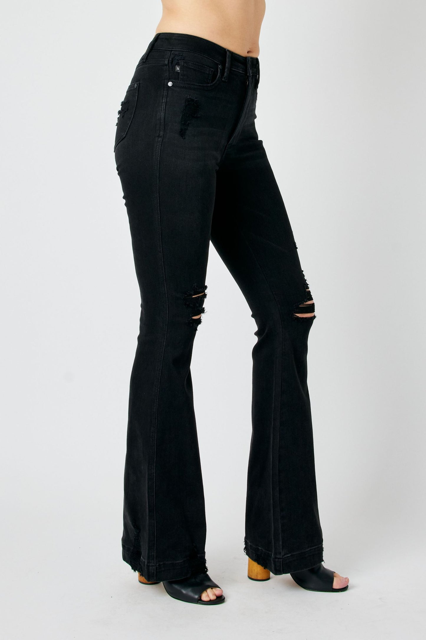 JUDY BLUE Tummy Control Black Distressed Flare Jeans