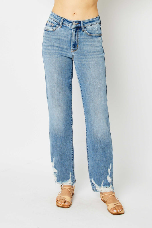 JUDY BLUE High Waist Straight Jeans with Distressed Hem