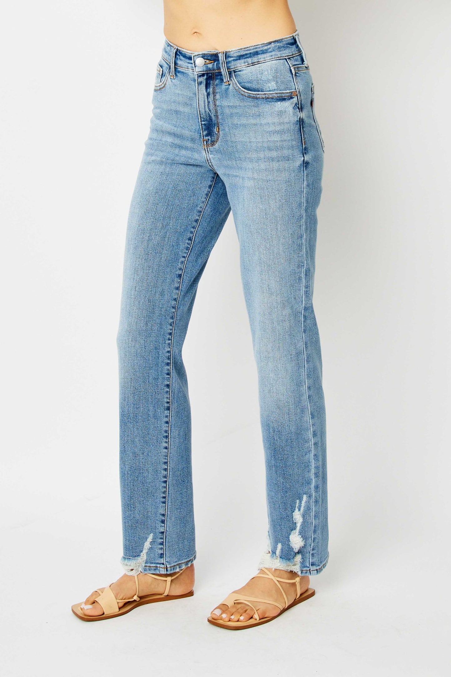 JUDY BLUE High Waist Straight Jeans with Distressed Hem