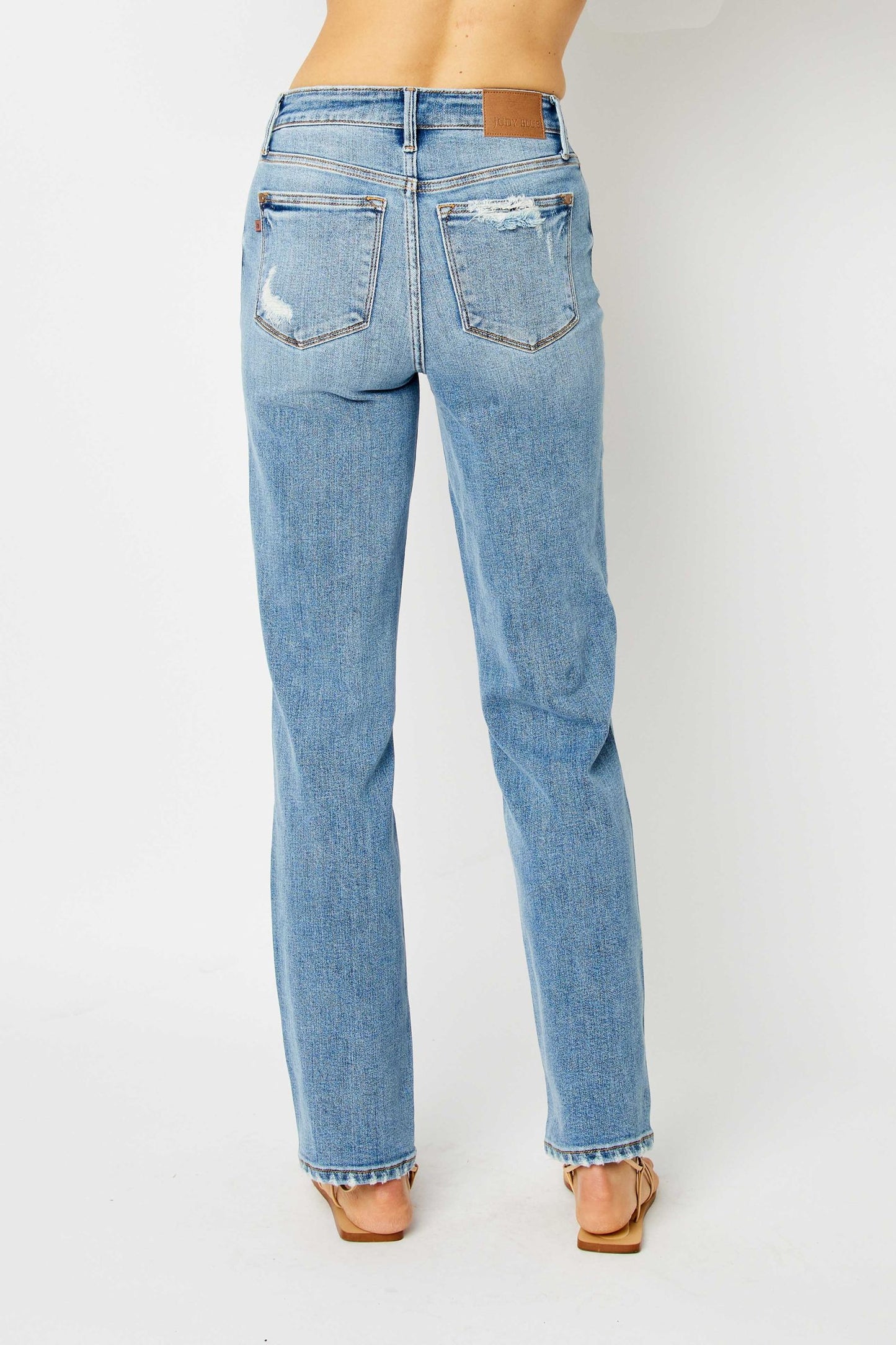 JUDY BLUE High Waist Straight Jeans with Distressed Hem