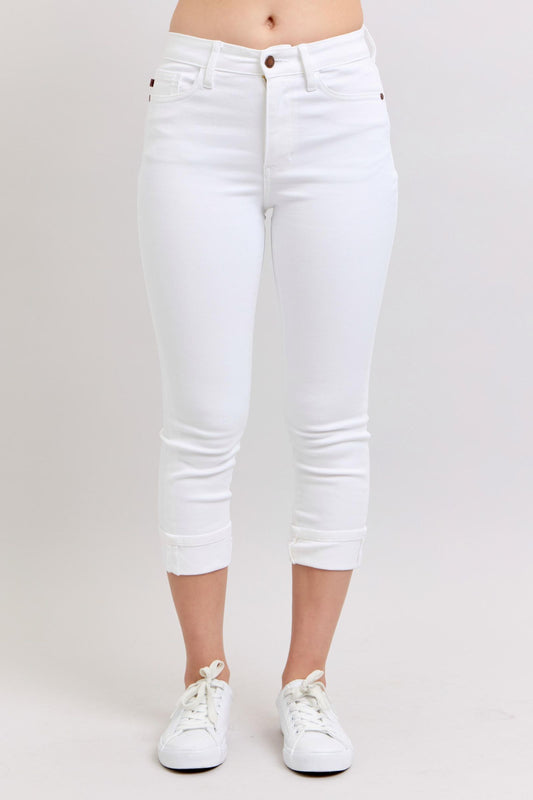 JUDY BLUE Mid Rise White Capri Jeans with Cuff