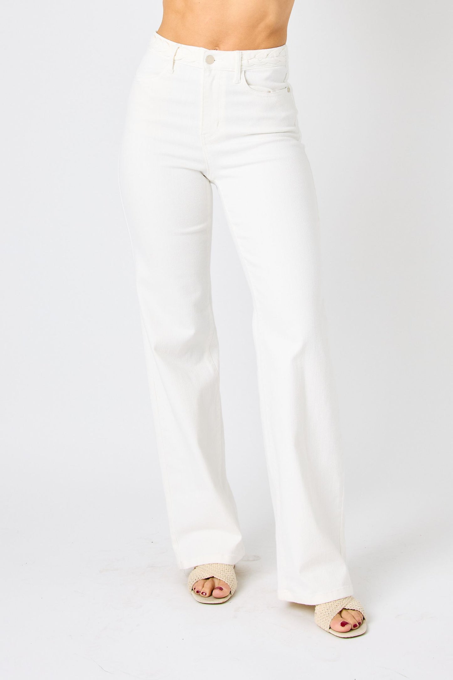 JUDY BLUE Braided Waistband Wide Leg White Jeans