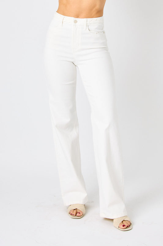 JUDY BLUE Braided Waistband Wide Leg White Jeans