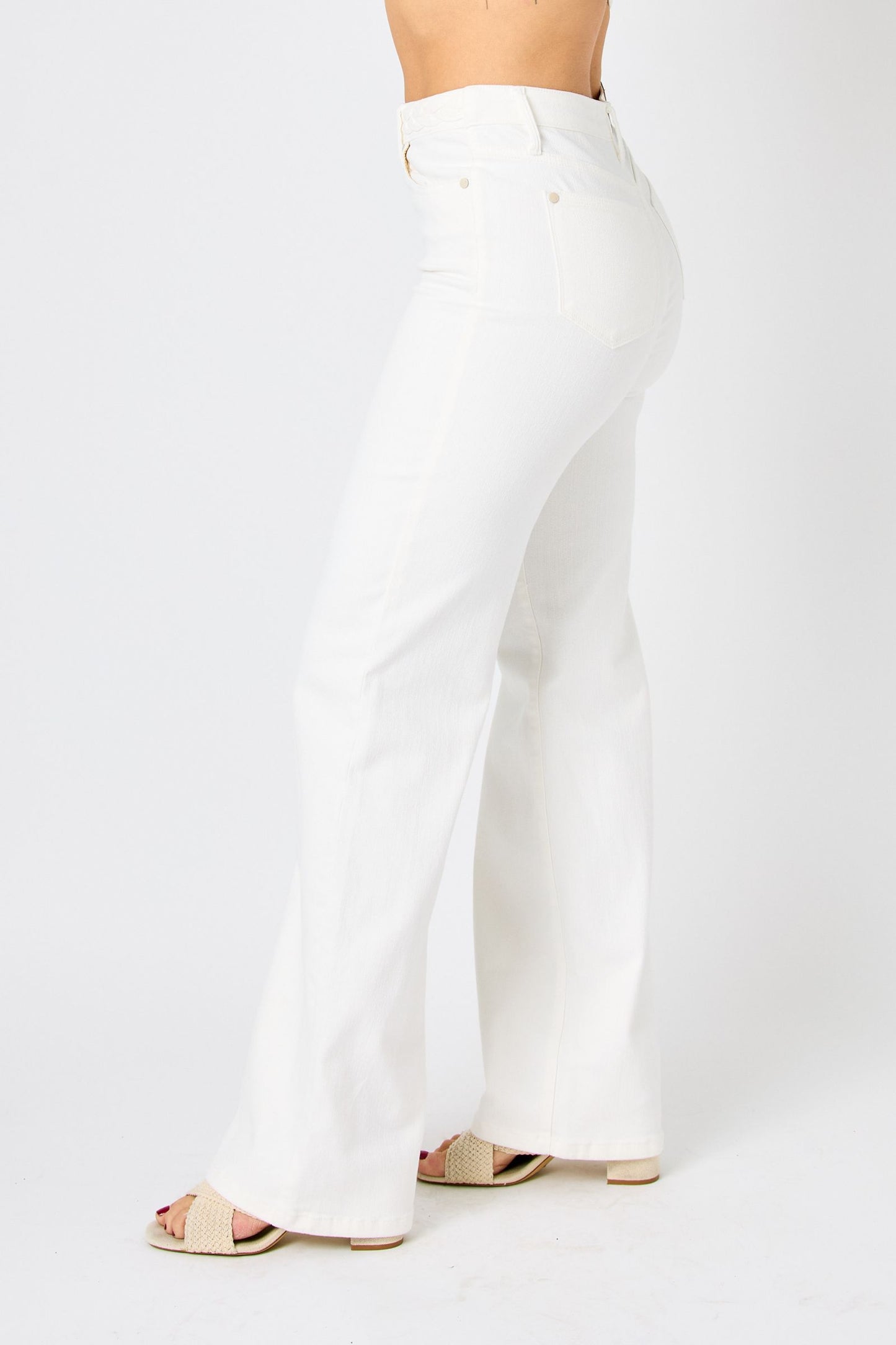 JUDY BLUE Braided Waistband Wide Leg White Jeans