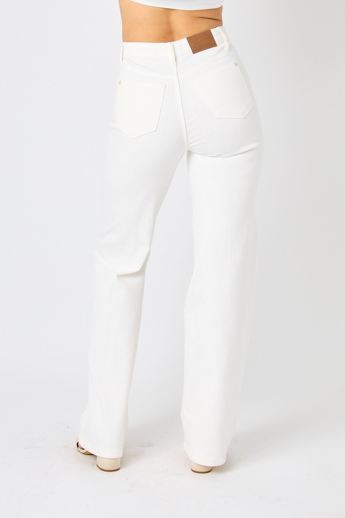 JUDY BLUE Braided Waistband Wide Leg White Jeans