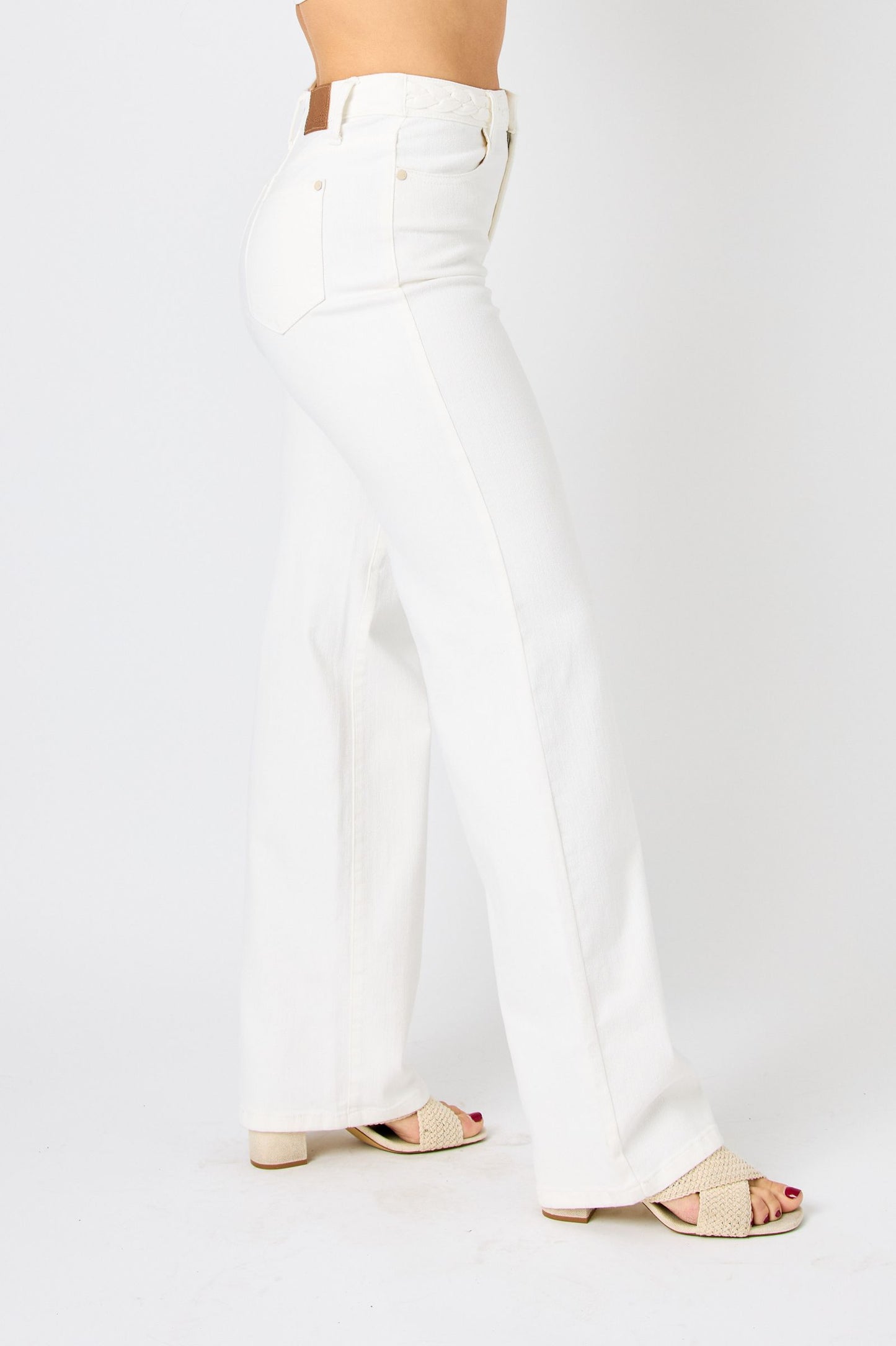 JUDY BLUE Braided Waistband Wide Leg White Jeans