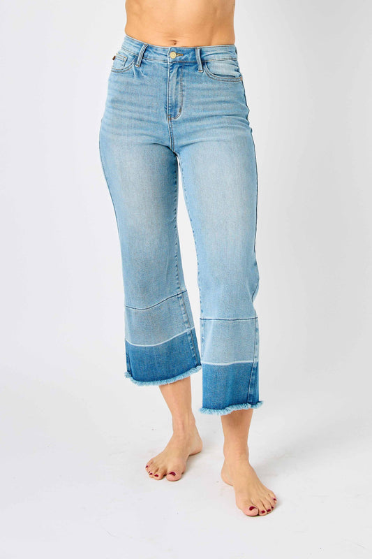 JUDY BLUE Dark Bottom Wide Leg Crop Jeans