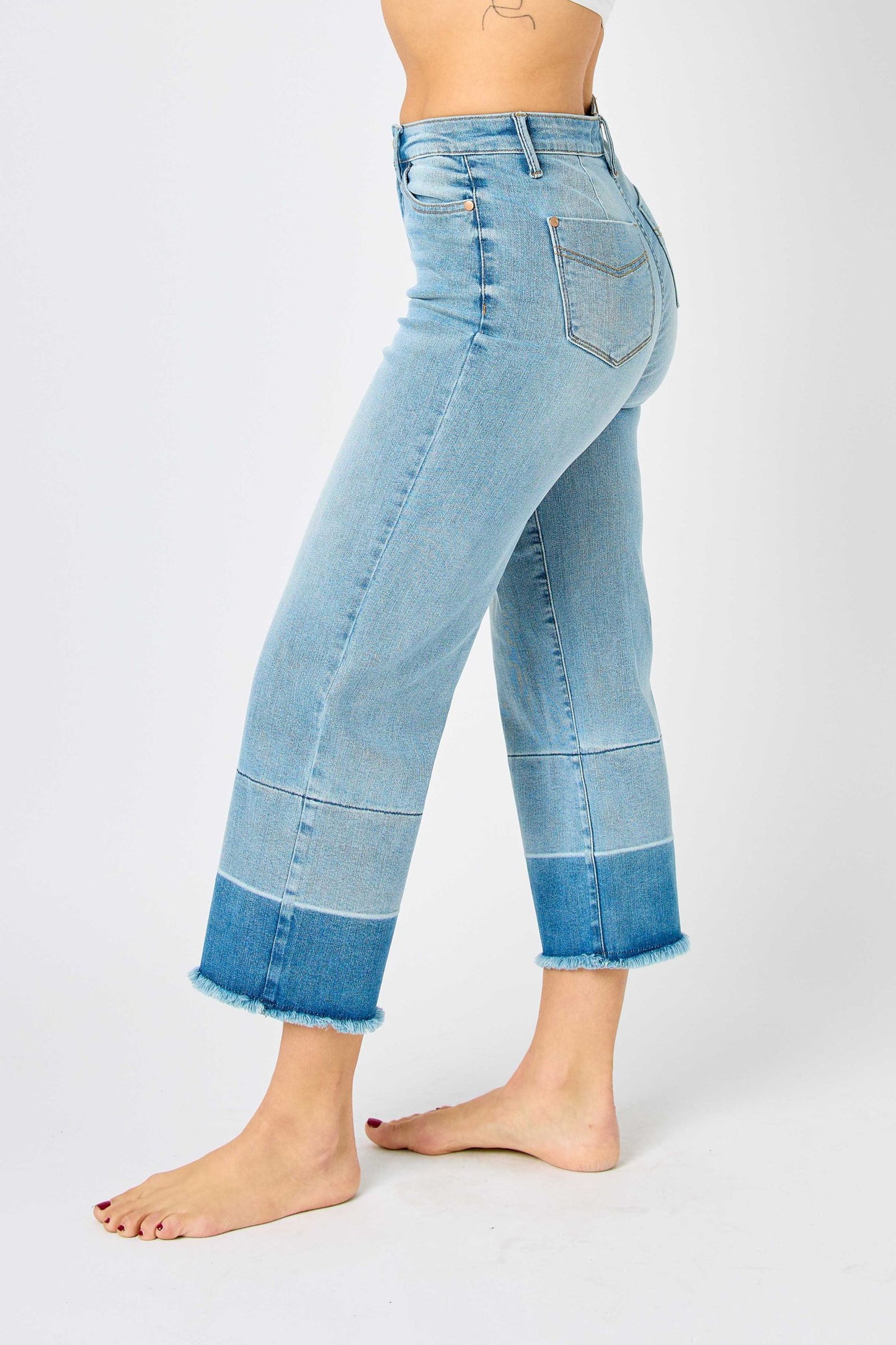 JUDY BLUE Dark Bottom Wide Leg Crop Jeans