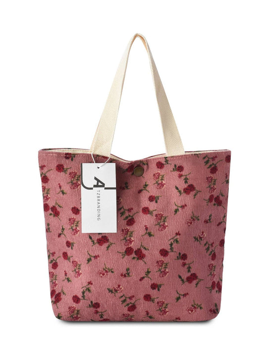 Cosbai - Vintage Artistic Floral Corduroy Tote: ROSE
