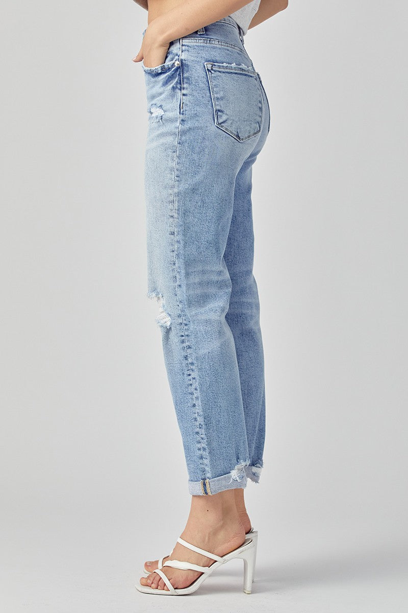 RISEN Distressed Boyfriend Jeans with Rolled Hem