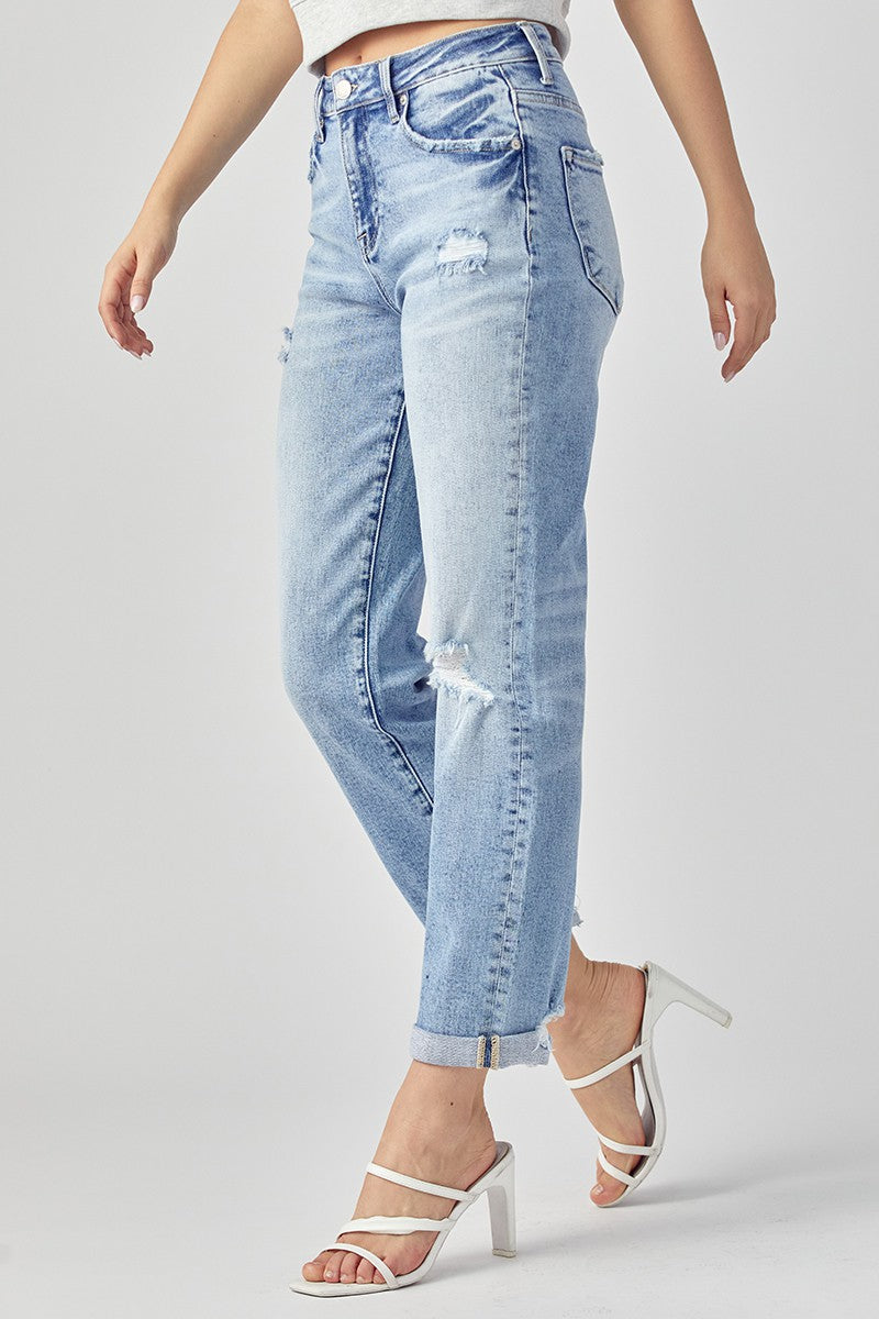 RISEN Distressed Boyfriend Jeans with Rolled Hem